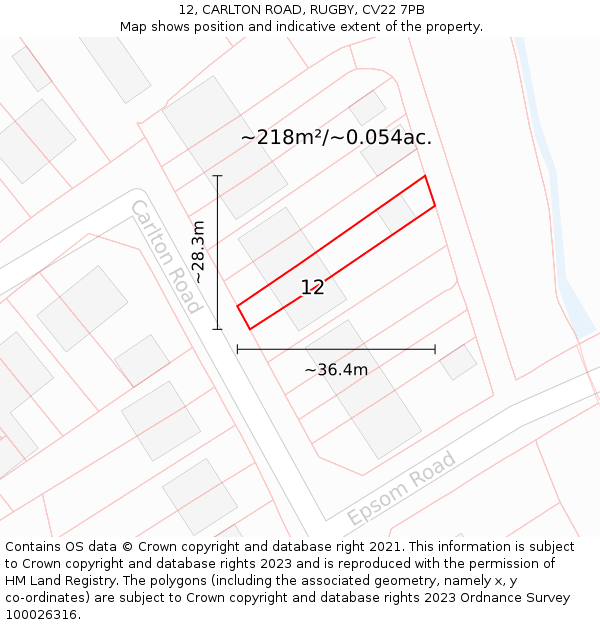12, CARLTON ROAD, RUGBY, CV22 7PB: Plot and title map
