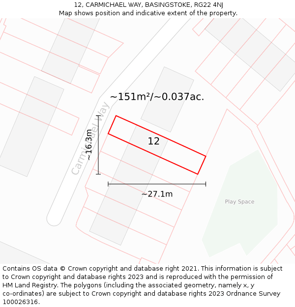 12, CARMICHAEL WAY, BASINGSTOKE, RG22 4NJ: Plot and title map