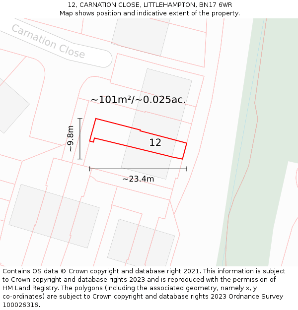12, CARNATION CLOSE, LITTLEHAMPTON, BN17 6WR: Plot and title map