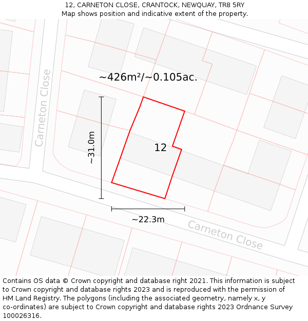 12, CARNETON CLOSE, CRANTOCK, NEWQUAY, TR8 5RY: Plot and title map