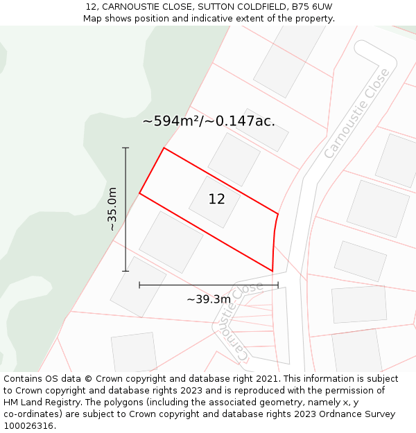 12, CARNOUSTIE CLOSE, SUTTON COLDFIELD, B75 6UW: Plot and title map