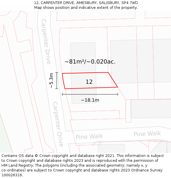 12, CARPENTER DRIVE, AMESBURY, SALISBURY, SP4 7WD: Plot and title map