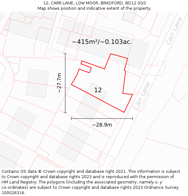 12, CARR LANE, LOW MOOR, BRADFORD, BD12 0QS: Plot and title map