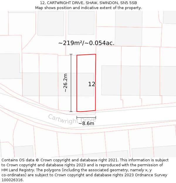 12, CARTWRIGHT DRIVE, SHAW, SWINDON, SN5 5SB: Plot and title map