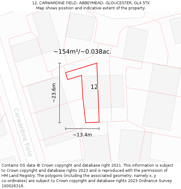 12, CARWARDINE FIELD, ABBEYMEAD, GLOUCESTER, GL4 5TX: Plot and title map