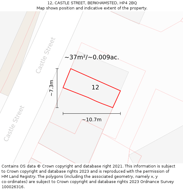 12, CASTLE STREET, BERKHAMSTED, HP4 2BQ: Plot and title map