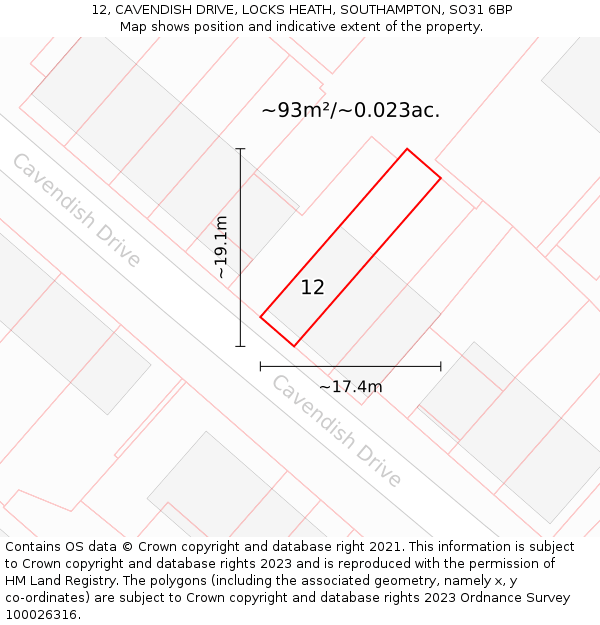 12, CAVENDISH DRIVE, LOCKS HEATH, SOUTHAMPTON, SO31 6BP: Plot and title map