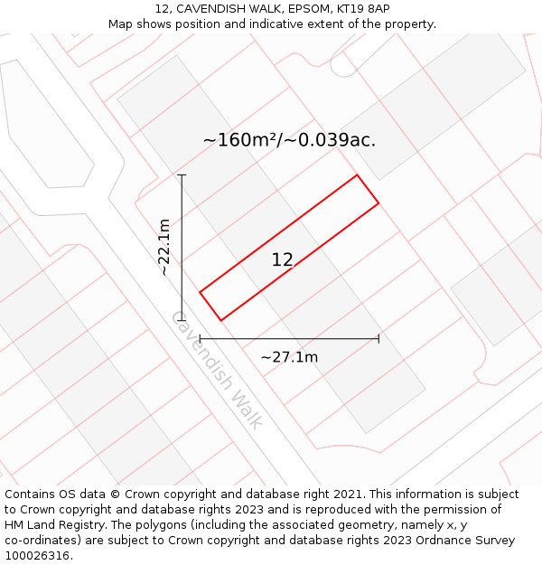12, CAVENDISH WALK, EPSOM, KT19 8AP: Plot and title map