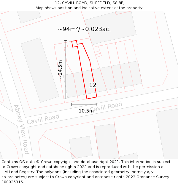12, CAVILL ROAD, SHEFFIELD, S8 8RJ: Plot and title map