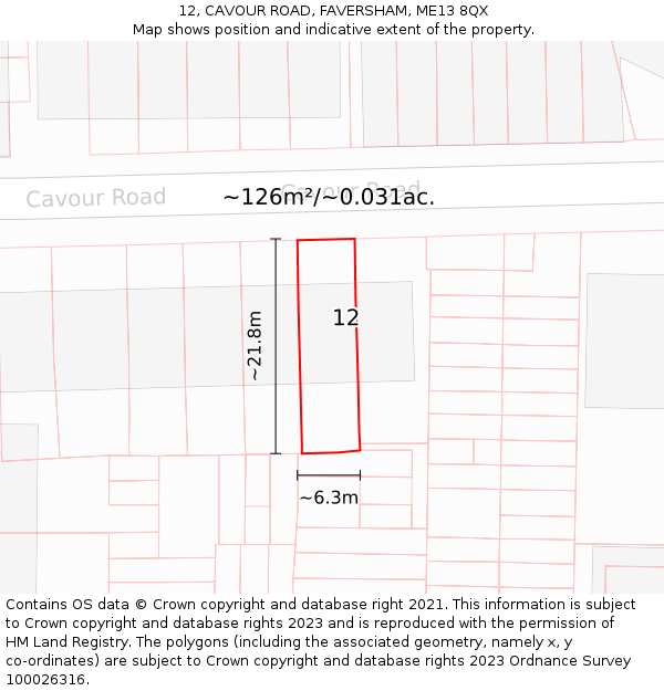 12, CAVOUR ROAD, FAVERSHAM, ME13 8QX: Plot and title map