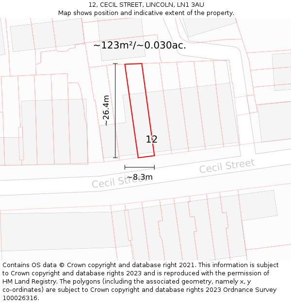 12, CECIL STREET, LINCOLN, LN1 3AU: Plot and title map