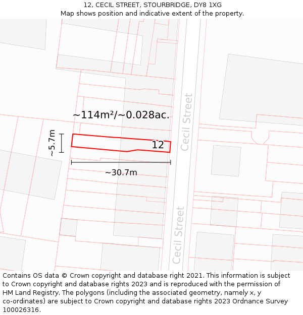 12, CECIL STREET, STOURBRIDGE, DY8 1XG: Plot and title map