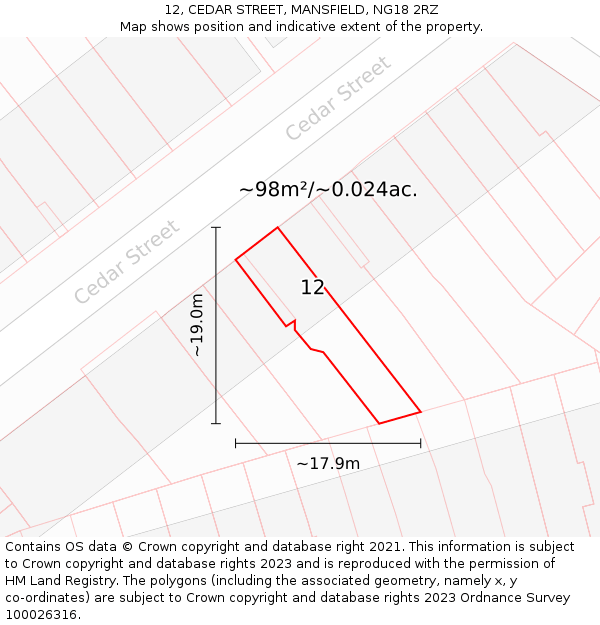 12, CEDAR STREET, MANSFIELD, NG18 2RZ: Plot and title map