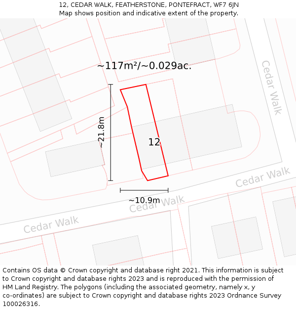 12, CEDAR WALK, FEATHERSTONE, PONTEFRACT, WF7 6JN: Plot and title map