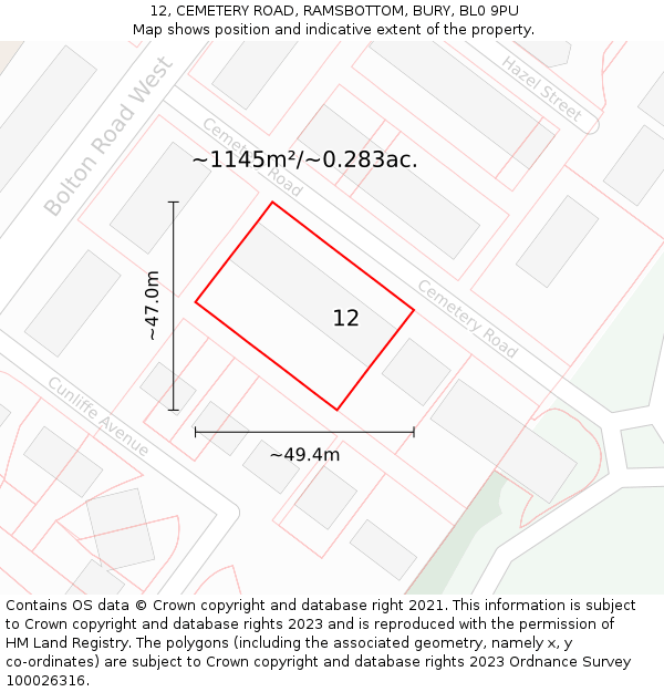 12, CEMETERY ROAD, RAMSBOTTOM, BURY, BL0 9PU: Plot and title map