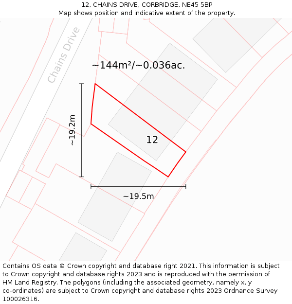 12, CHAINS DRIVE, CORBRIDGE, NE45 5BP: Plot and title map