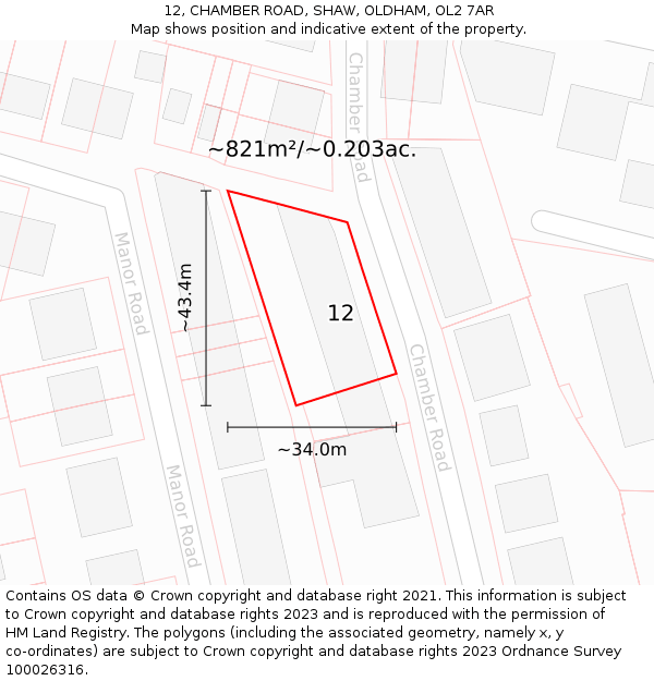 12, CHAMBER ROAD, SHAW, OLDHAM, OL2 7AR: Plot and title map
