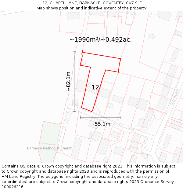 12, CHAPEL LANE, BARNACLE, COVENTRY, CV7 9LF: Plot and title map