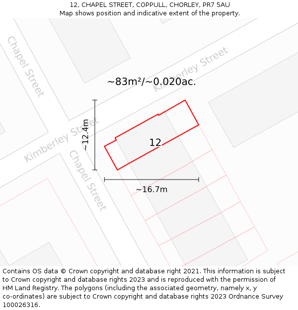 12, CHAPEL STREET, COPPULL, CHORLEY, PR7 5AU: Plot and title map