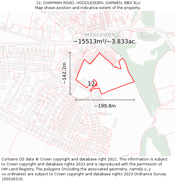 12, CHAPMAN ROAD, HODDLESDEN, DARWEN, BB3 3LU: Plot and title map