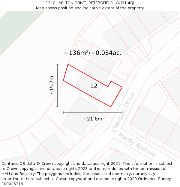 12, CHARLTON DRIVE, PETERSFIELD, GU31 4QL: Plot and title map