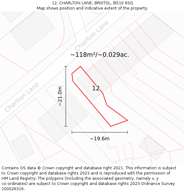 12, CHARLTON LANE, BRISTOL, BS10 6SQ: Plot and title map
