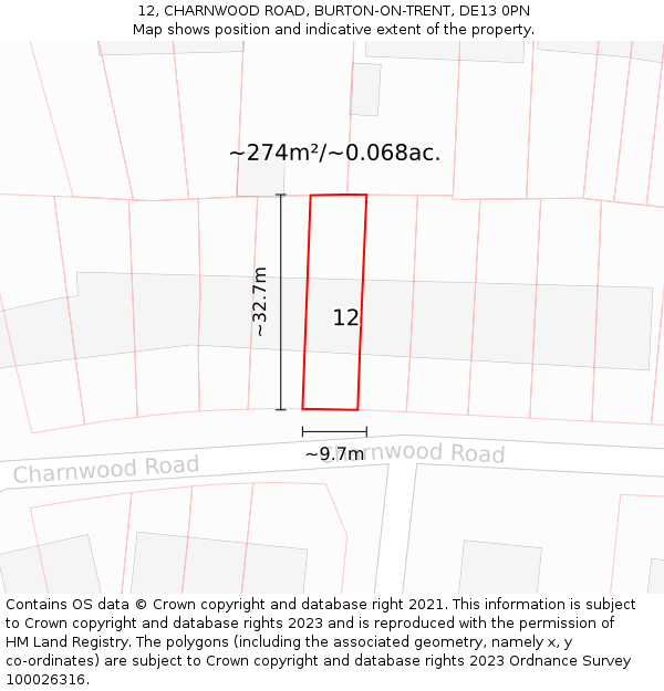 12, CHARNWOOD ROAD, BURTON-ON-TRENT, DE13 0PN: Plot and title map