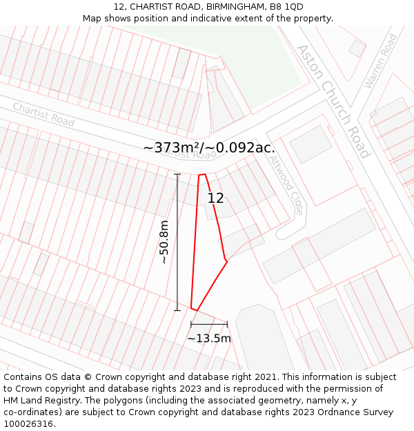12, CHARTIST ROAD, BIRMINGHAM, B8 1QD: Plot and title map