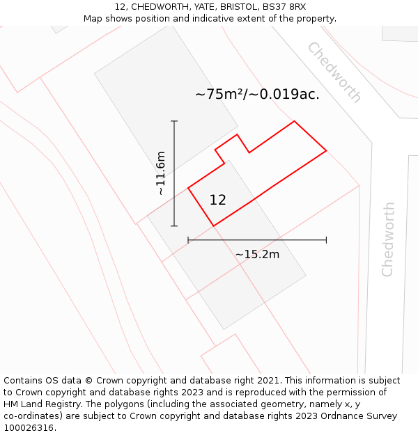 12, CHEDWORTH, YATE, BRISTOL, BS37 8RX: Plot and title map