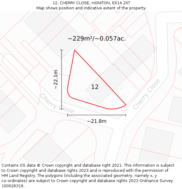 12, CHERRY CLOSE, HONITON, EX14 2XT: Plot and title map