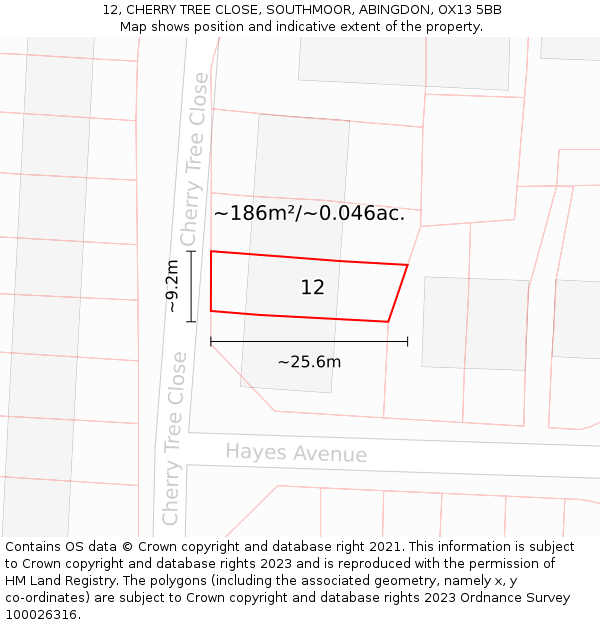 12, CHERRY TREE CLOSE, SOUTHMOOR, ABINGDON, OX13 5BB: Plot and title map
