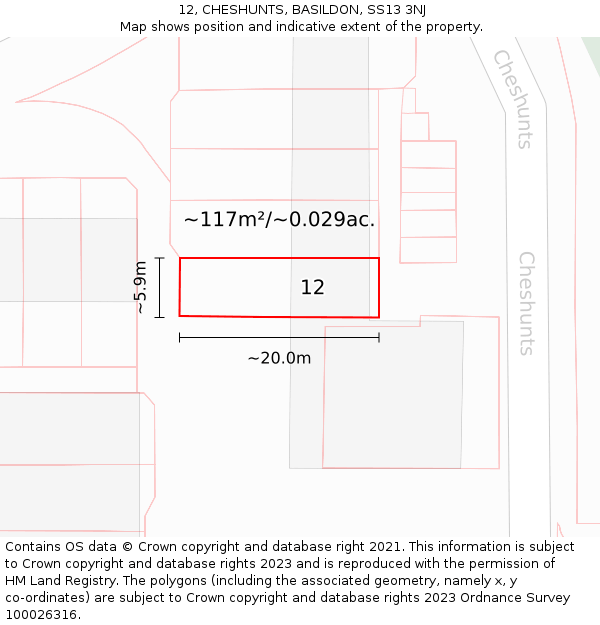 12, CHESHUNTS, BASILDON, SS13 3NJ: Plot and title map
