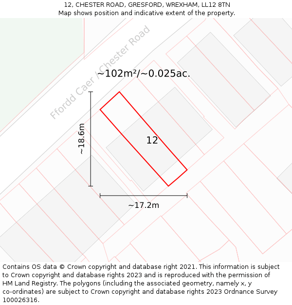 12, CHESTER ROAD, GRESFORD, WREXHAM, LL12 8TN: Plot and title map