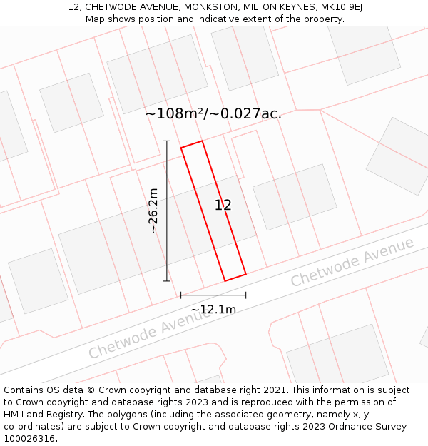 12, CHETWODE AVENUE, MONKSTON, MILTON KEYNES, MK10 9EJ: Plot and title map