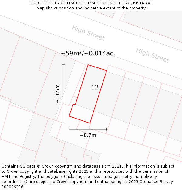 12, CHICHELEY COTTAGES, THRAPSTON, KETTERING, NN14 4XT: Plot and title map