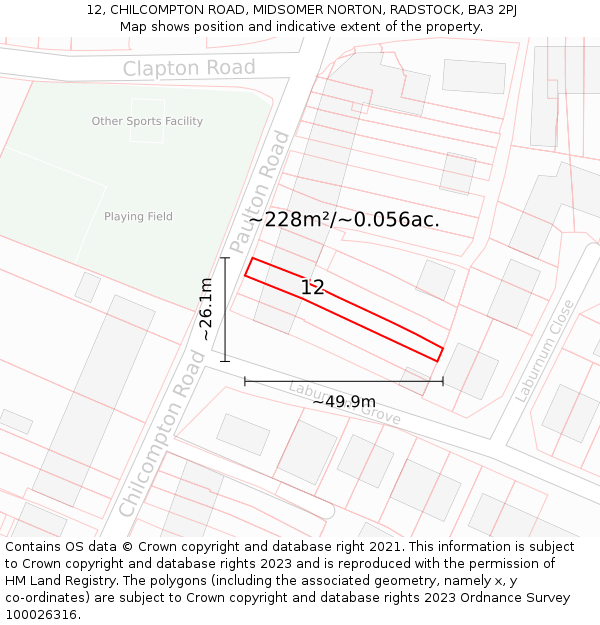 12, CHILCOMPTON ROAD, MIDSOMER NORTON, RADSTOCK, BA3 2PJ: Plot and title map