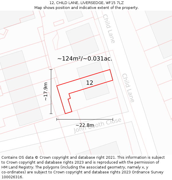 12, CHILD LANE, LIVERSEDGE, WF15 7LZ: Plot and title map