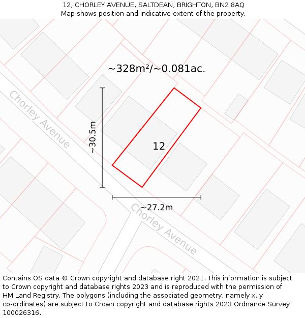 12, CHORLEY AVENUE, SALTDEAN, BRIGHTON, BN2 8AQ: Plot and title map