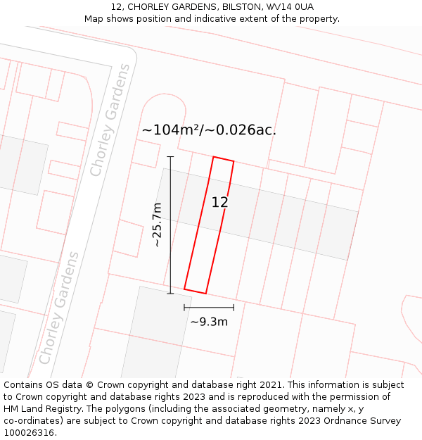 12, CHORLEY GARDENS, BILSTON, WV14 0UA: Plot and title map