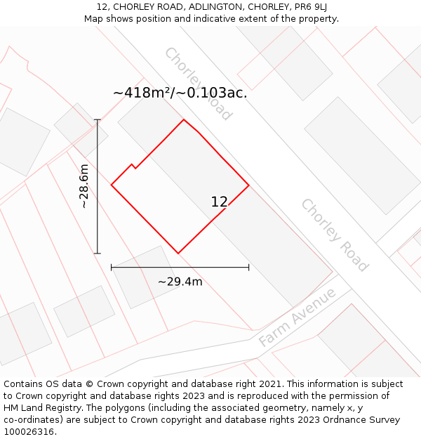 12, CHORLEY ROAD, ADLINGTON, CHORLEY, PR6 9LJ: Plot and title map