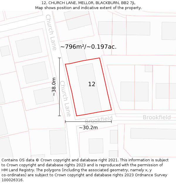 12, CHURCH LANE, MELLOR, BLACKBURN, BB2 7JL: Plot and title map