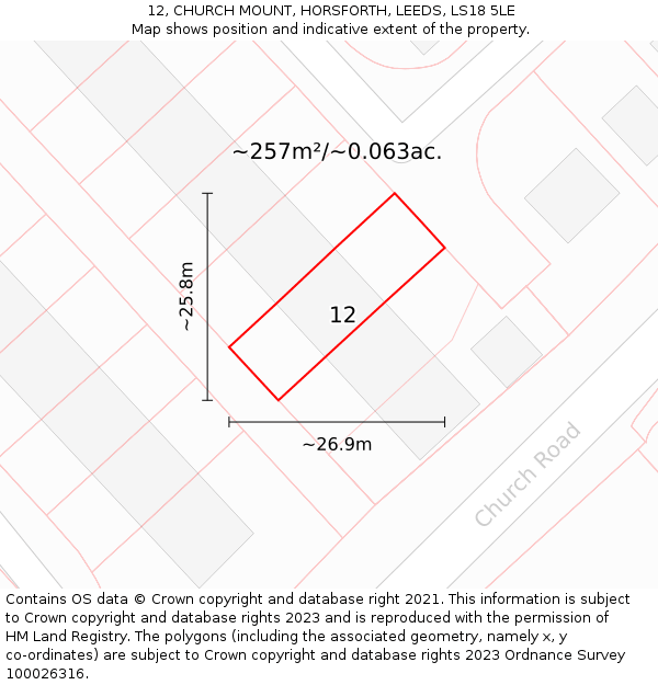 12, CHURCH MOUNT, HORSFORTH, LEEDS, LS18 5LE: Plot and title map