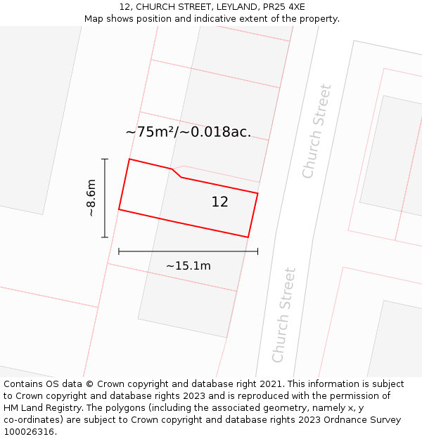 12, CHURCH STREET, LEYLAND, PR25 4XE: Plot and title map