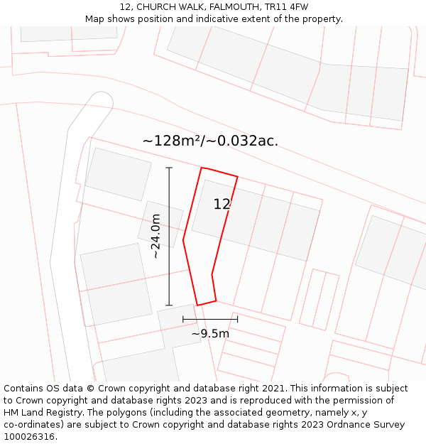 12, CHURCH WALK, FALMOUTH, TR11 4FW: Plot and title map