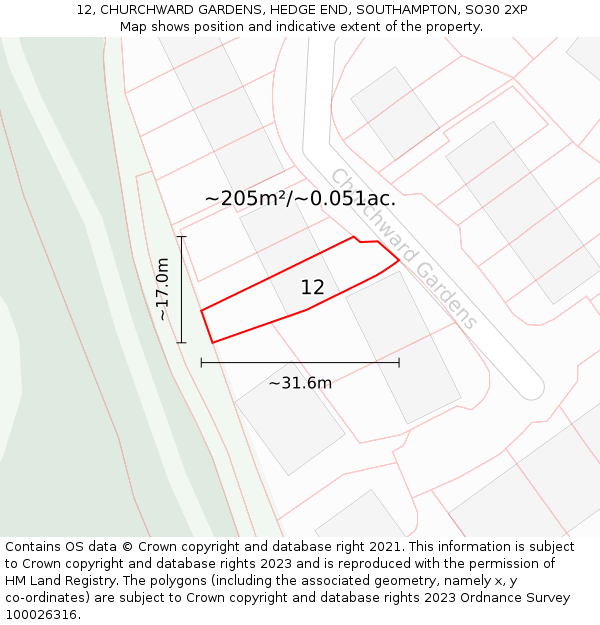 12, CHURCHWARD GARDENS, HEDGE END, SOUTHAMPTON, SO30 2XP: Plot and title map
