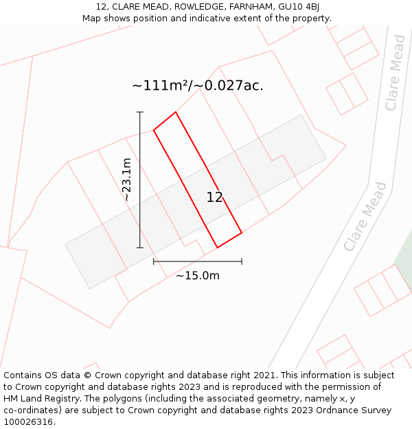 12, CLARE MEAD, ROWLEDGE, FARNHAM, GU10 4BJ: Plot and title map