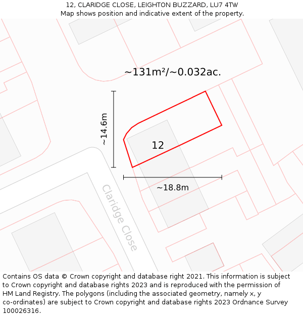 12, CLARIDGE CLOSE, LEIGHTON BUZZARD, LU7 4TW: Plot and title map