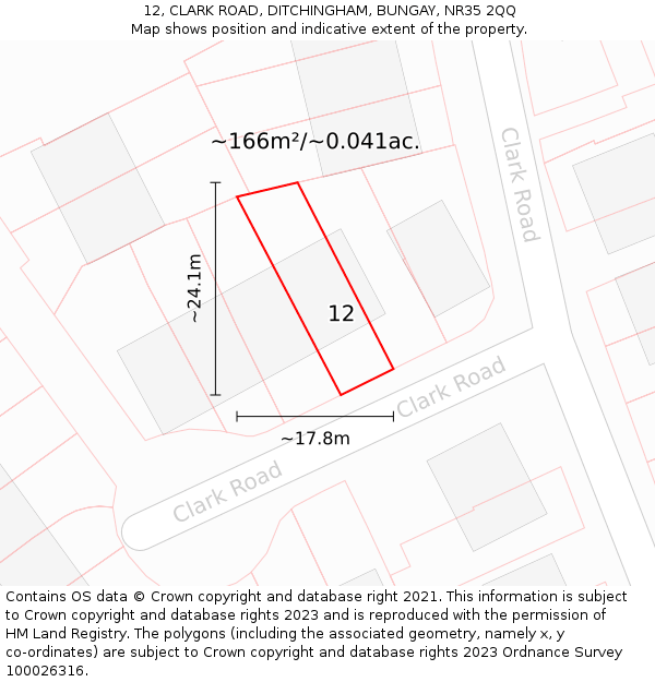 12, CLARK ROAD, DITCHINGHAM, BUNGAY, NR35 2QQ: Plot and title map