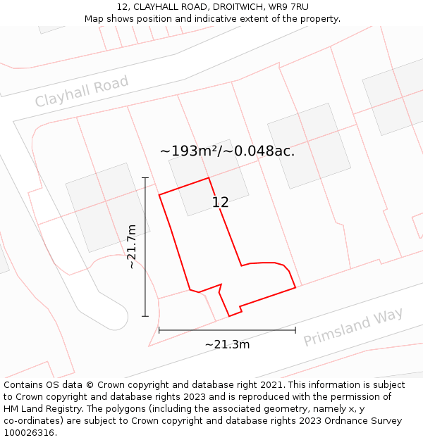 12, CLAYHALL ROAD, DROITWICH, WR9 7RU: Plot and title map
