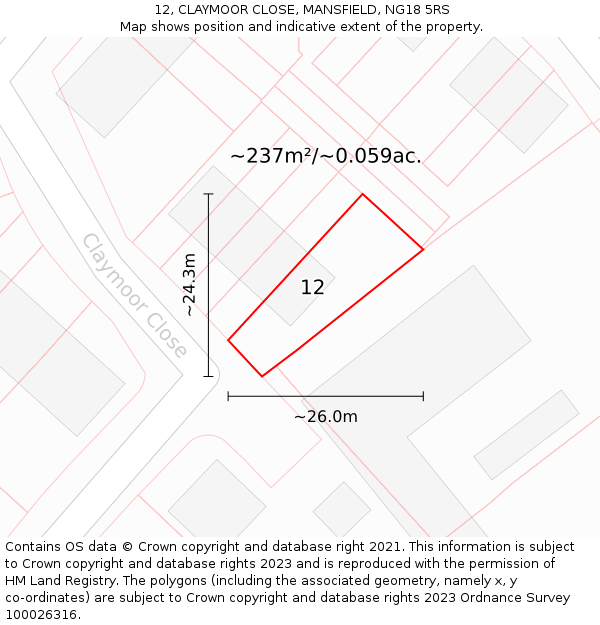 12, CLAYMOOR CLOSE, MANSFIELD, NG18 5RS: Plot and title map